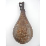 18th/19th C leather musket shot flask, game bird and floral embossed decoration,