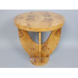 Art Deco style burr walnut side table, 58.5 cm dia, 4 cross supports, circular foot.