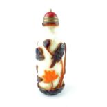 Chinese Peking glass snuff bottle, white with amber decoration of koi carp, flowers,