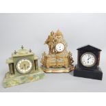 French late 19th c mantel clock, gilt painted figure of a Renaissance man with dagger, wooden stand,