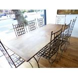 Contemporary dining suite, lacquered steel & brass lattice back and seat chairs,