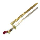 Chinese Jian short sword, brass pommel and mask hilt, wooden grip, double edged blades, 43cm,