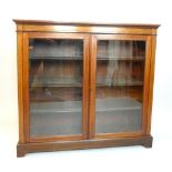 Edwardian inlaid mahogany dwarf bookcase, satinwood crossbanding, shelves enclosed by a pair of