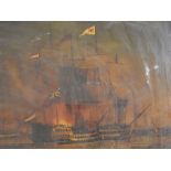 Reverse painting on glass study of British Naval Warships under command of Admiral Sir John