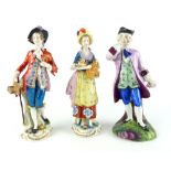 Pair of 18th century style German figures, the gentleman modelled with a brace of game birds, the
