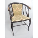 Late 19th C spindle back tub chair in the manner of William Morris, late floral upholstery