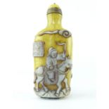 Chinese Peking glass snuff bottle yellow with white horse and figures character seal, 9cm h.