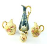 Royal Worcester blush glazed flat back jug, decorated with wild flowers and gilt details, 12cm h,