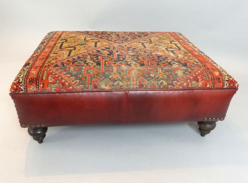 Red leather stool, kelim top, raised on four turned wooden feet, 73cm w, 97cm l, 36cm h - Image 2 of 6