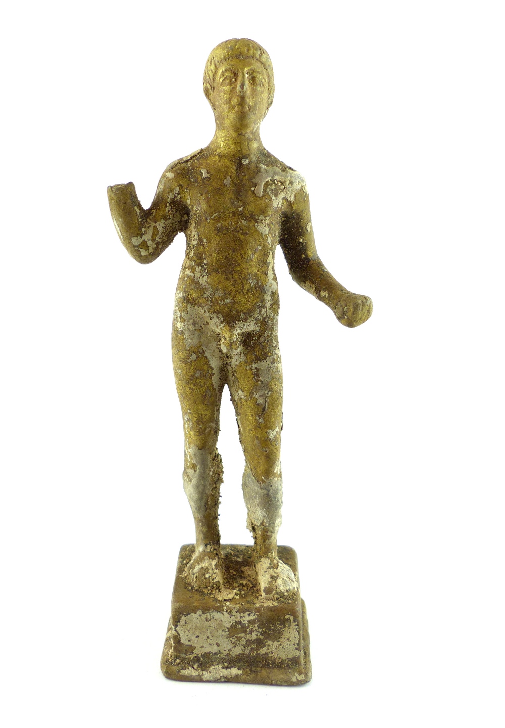 After the antique, a cast metal figure, Greek classical male nude standing on square plinth foot,