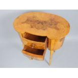 Art Deco style, kidney shape, side table, burr walnut, two drawers, tapering cabriole legs, 65.5