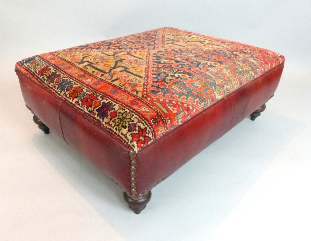 Red leather stool, kelim top, raised on four turned wooden feet, 73cm w, 97cm l, 36cm h - Image 4 of 6