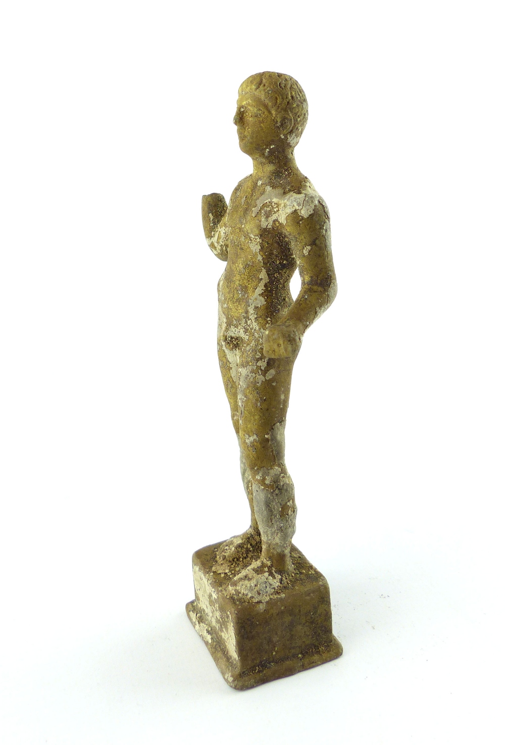 After the antique, a cast metal figure, Greek classical male nude standing on square plinth foot, - Image 5 of 6