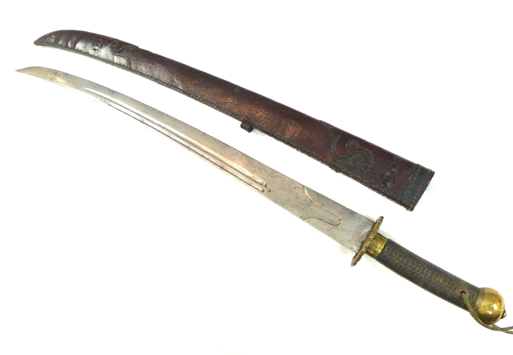 Chinese / Dao sword, possibly Nambam region, brass pommel and tsubd, leather bound grip, stamped, - Image 5 of 6
