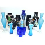 Venetian Art Glass stem vases, black glass vases of Japanese influence and other vases, and a