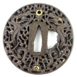 1600-1700s Japanese Namban Kirishitan iron katana tsuba retaining some gilding opposing intertwining