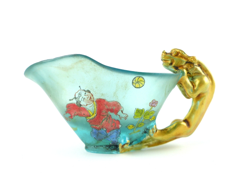 Chinese Peking glass libation cup, gilt dragon handle, the cup painted with figural and floral