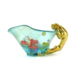 Chinese Peking glass libation cup, gilt dragon handle, the cup painted with figural and floral