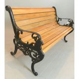 Garden bench, teak roll back, horned goat and scroll supports, 124.5cm w