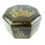 Chinese octagonal papier mache box, figural lacquered decoration to top within floral and scroll