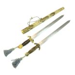 Chinese butterfly sword, brass pommel and mask hilt, wooden grip, double edged blade, 43cm, shagreen