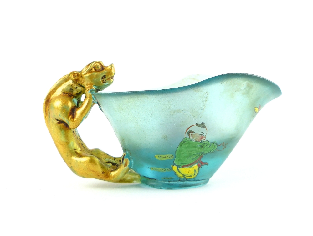 Chinese Peking glass libation cup, gilt dragon handle, the cup painted with figural and floral - Image 3 of 8