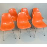 Herman Miller for Hille, set of six 1960s Emes design shell chairs, orange fibreglass seat,