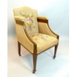 An Edwardian mahogany box side armchair, tapestry back and seat, satinwood ribbon swags and inlay,