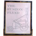 Pub sign, 'The Euston Flyer', with railway image of Stephenson's train The Rocket, metal frame 102.5