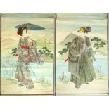 Pair of Chinese painted scrolls, depicting a warrior and a woman, 140x 98cm (2)