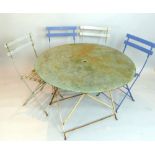 French 1930s circular metal bistro / garden table and chairs, table 97cm dia., slatted chairs