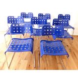 Rodney Kinsman design chairs, Omkstak model (OMK), metal stacking, set of eight in blue, bearing