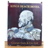 Hanging pub sign, 'Kings Beach House', image of King George, cast iron frame, 102 x 82cm