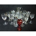 Small collection of glassware, including an early 19th century cordial glass with bucket shaped