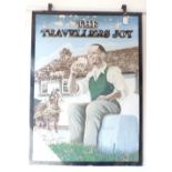 Hanging pub sign, 'The Travellers Joy', image of a man outside a pub with beer mug in hand whilst