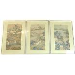 Three South East Asian prints, various scenes depicting pagodas in mountainous landscape, 52x30cm