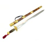 Chinese Jian short sword, brass pommel, mask hilt, horn grip, double edge blade, 54cm, tortoiseshell