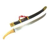 Chinese Dao sword, ivory effect, carved grip, fullered carved blade, 62cm, bamboo scabbard with