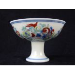 Chinese Doucai porcelain stem bowl, scrolled floral design, six character mark to base, 6.