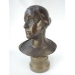 Late 19th C bronze sculpture, continental bust of a lady, her hair in a bun, signature rubbed EH,