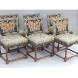 Set of six tapestry dining chairs, 18th C walnut frames, square back with leg stretchers,