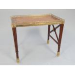 French early 20th C side table, walnut and mahogany top with brass pierced arch gallery,