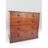 19th C mahogany chest of drawers, two over three drawers, turned handles, plinth base,