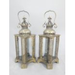 Pair of Italian style gilded garden lanterns, crown top, swept four glass sides,