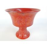 Chinese ceramic chalice, red lustre glaze, Greek key border, symbolic dragon decoration,