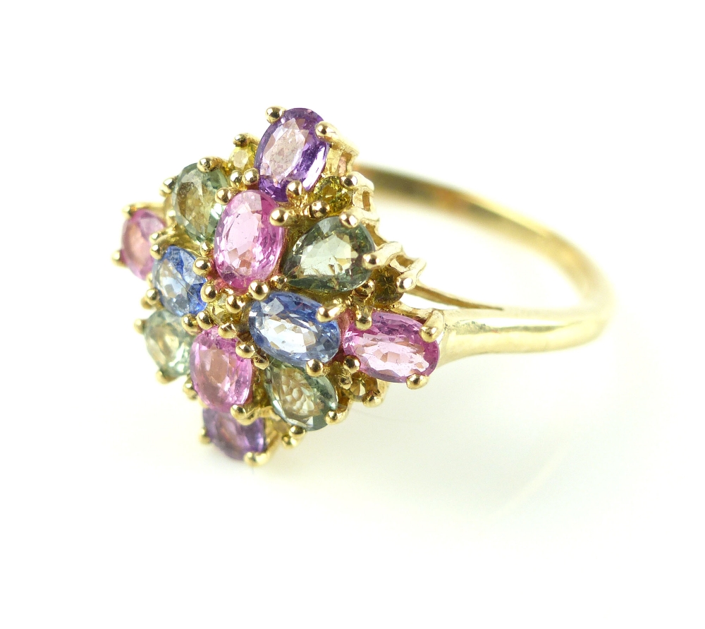 9ct yellow gold and multi-coloured sapphire set dress ring, 4. - Image 2 of 4
