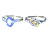 9ct yellow gold, tanzanite and diamond accent ring, and a 9ct yellow gold,