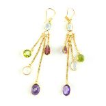 Pair of mixed stone earrings, set in 14ct yellow gold, with garnet, blue topaz, peridot,