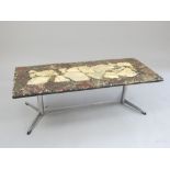 1970s coffee table, marble resin compound top, steel base of columns and 'Y' legs,