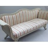 Swedish painted settee, 19th C, outswept arms with scroll and leaf decoration, leaf scroll legs,